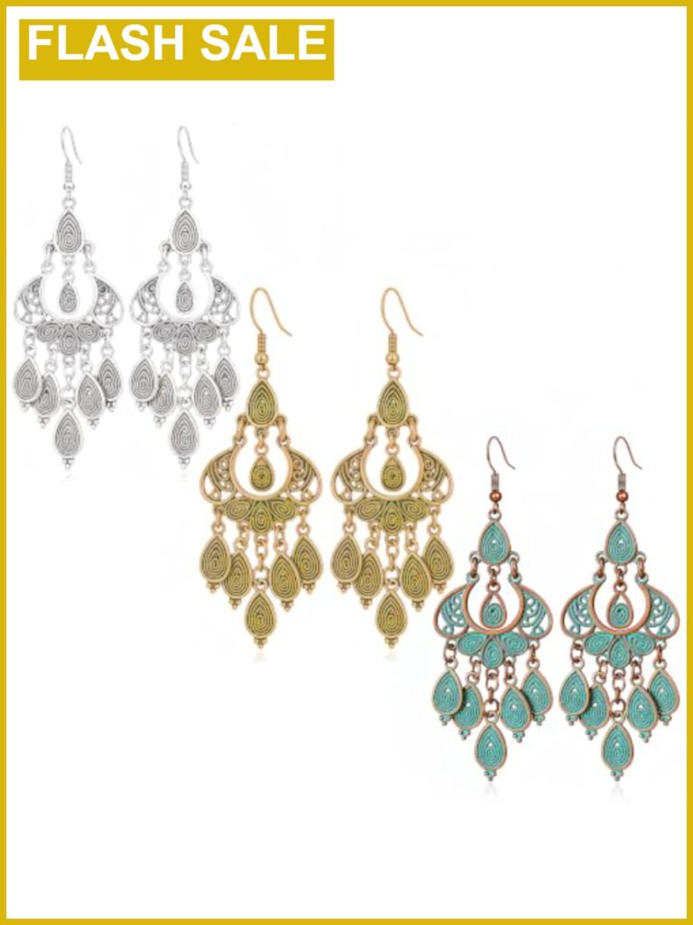 Vintage Boho Chandelier Teardrop Earrings Set of 3 Pairs